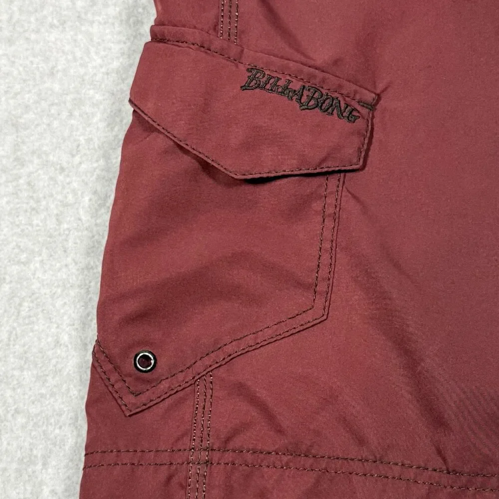 Vintage Y2K Era Billabong Maroon Polyester Cargo Board Shorts Size 36